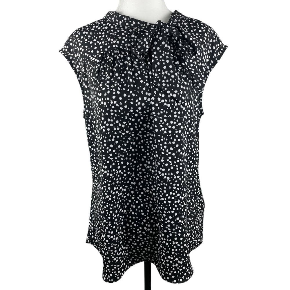 RW & Co. Womens Black and White Polka Dot Tie Neck Sleeveless Blouse Size M